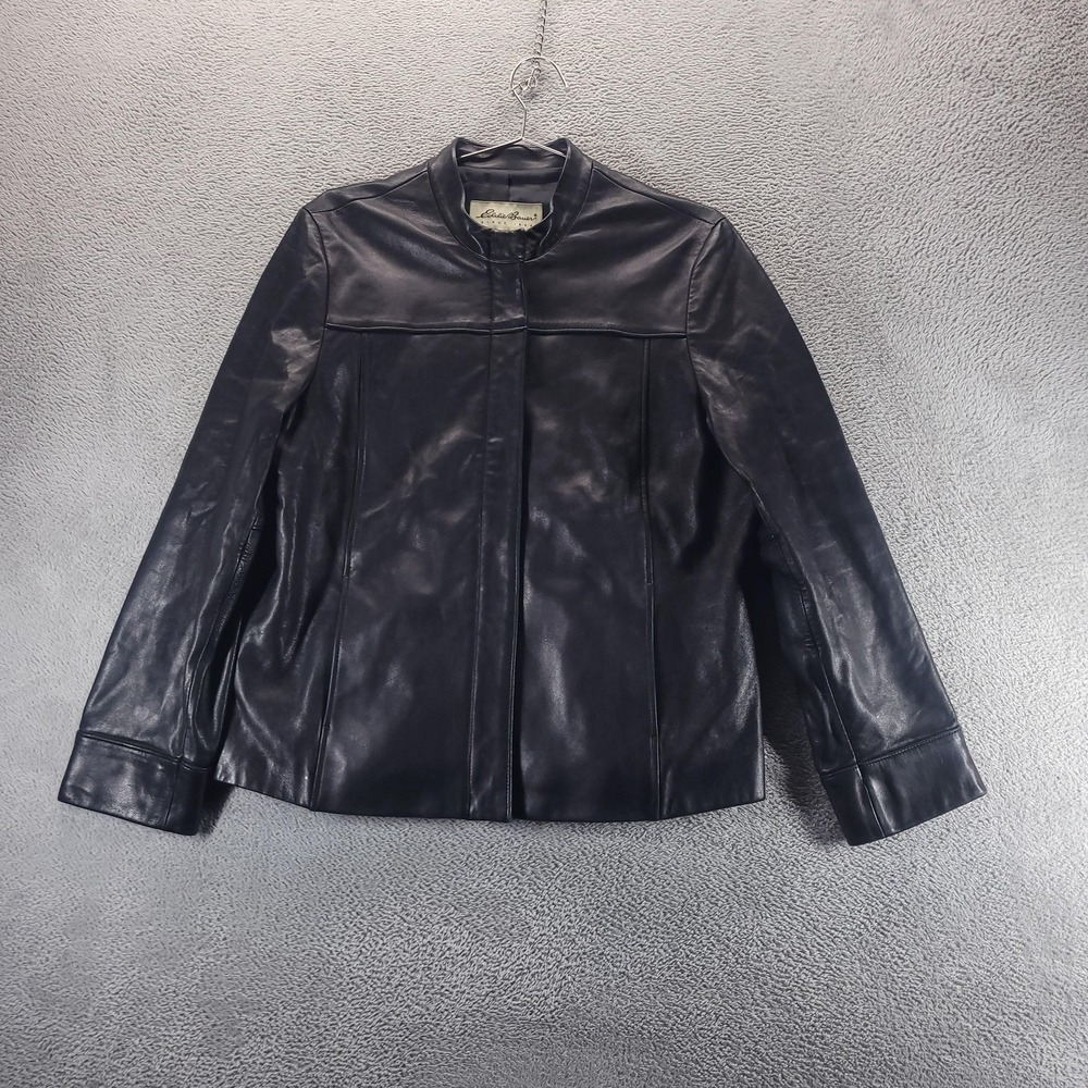 Eddie Bauer Jacket Womens L Black Lambskin Leather Moto Full Zip Lined 44398
